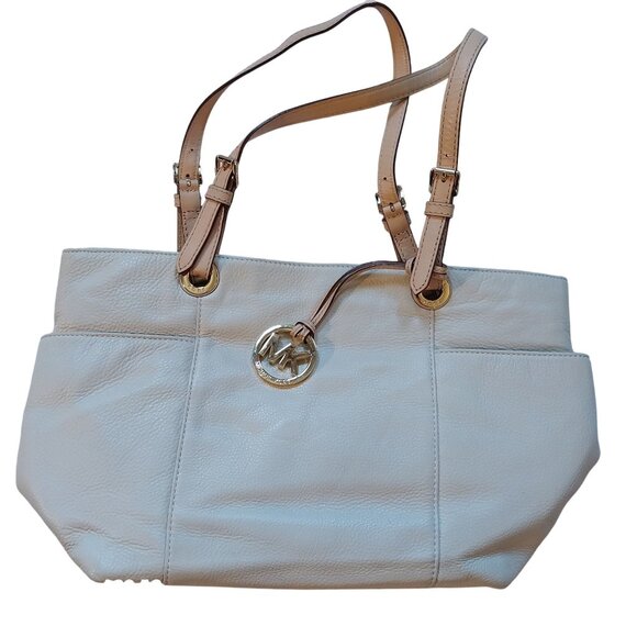 Michael Kors Beige Leather Tote Bag With Gold Metallic Interior & MK Charm - Picture 1 of 11